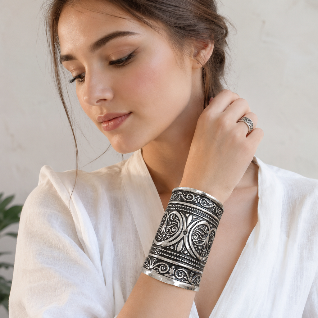 A Set of Six Wide, Antique-Style Oxidized Metal Cuff Bracelets
