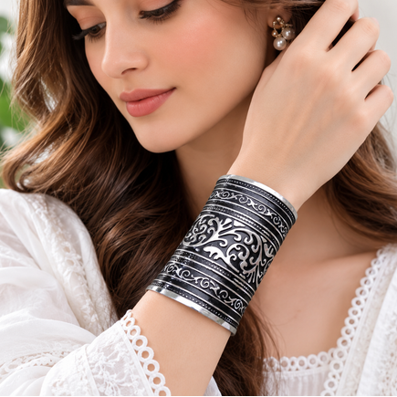 A Set of Six Wide, Antique-Style Oxidized Metal Cuff Bracelets